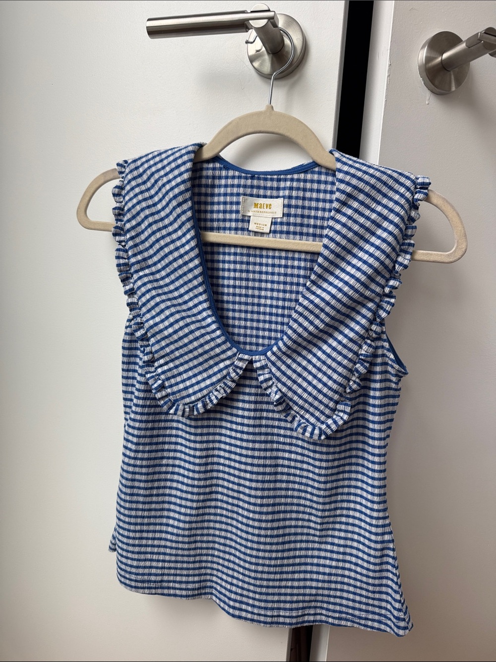 Maeve Blue Gingham Ruffle Collar Sleeveless Tank Top